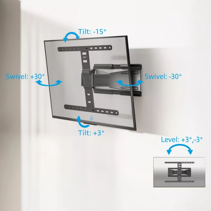 Vollbewegliche TV-Wandhalterung ACT AC8357 für 43 Zoll – 90 Zoll Bildschirme, VESA 100x200 – 600x400, Neigung -15° – 3°, Schwenkbereich ±30°, max. Traglast 50 kg, ultraflach