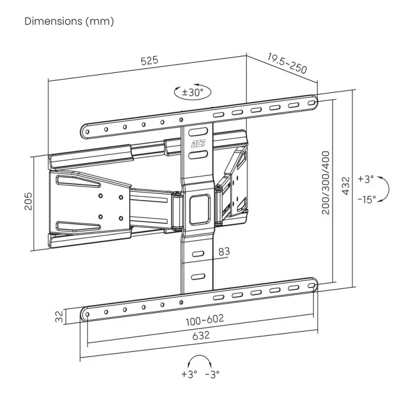 Vollbewegliche TV-Wandhalterung ACT AC8357 für 43 Zoll – 90 Zoll Bildschirme, VESA 100x200 – 600x400, Neigung -15° – 3°, Schwenkbereich ±30°, max. Traglast 50 kg, ultraflach