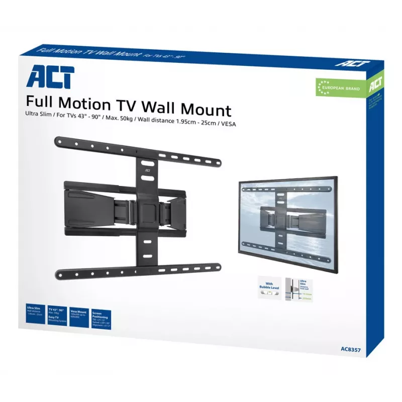 Vollbewegliche TV-Wandhalterung ACT AC8357 für 43 Zoll – 90 Zoll Bildschirme, VESA 100x200 – 600x400, Neigung -15° – 3°, Schwenkbereich ±30°, max. Traglast 50 kg, ultraflach