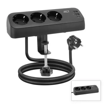 ACT Schreibtisch-Steckerleiste mit 3 Typ-F-Steckdosen, 30W Power Delivery, USB Type-C/A Anschlüsse, Kabellänge 1,5 Meter