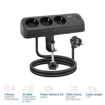 ACT Schreibtisch-Steckerleiste mit 3 Typ-F-Steckdosen, 30W Power Delivery, USB Type-C/A Anschlüsse, Kabellänge 1,5 Meter