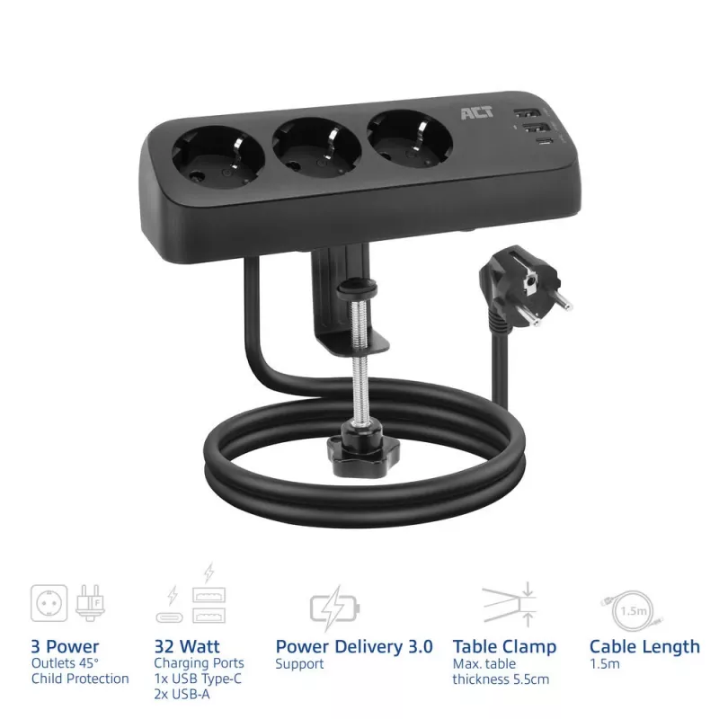 ACT Schreibtisch-Steckerleiste mit 3 Typ-F-Steckdosen, 30W Power Delivery, USB Type-C/A Anschlüsse, Kabellänge 1,5 Meter