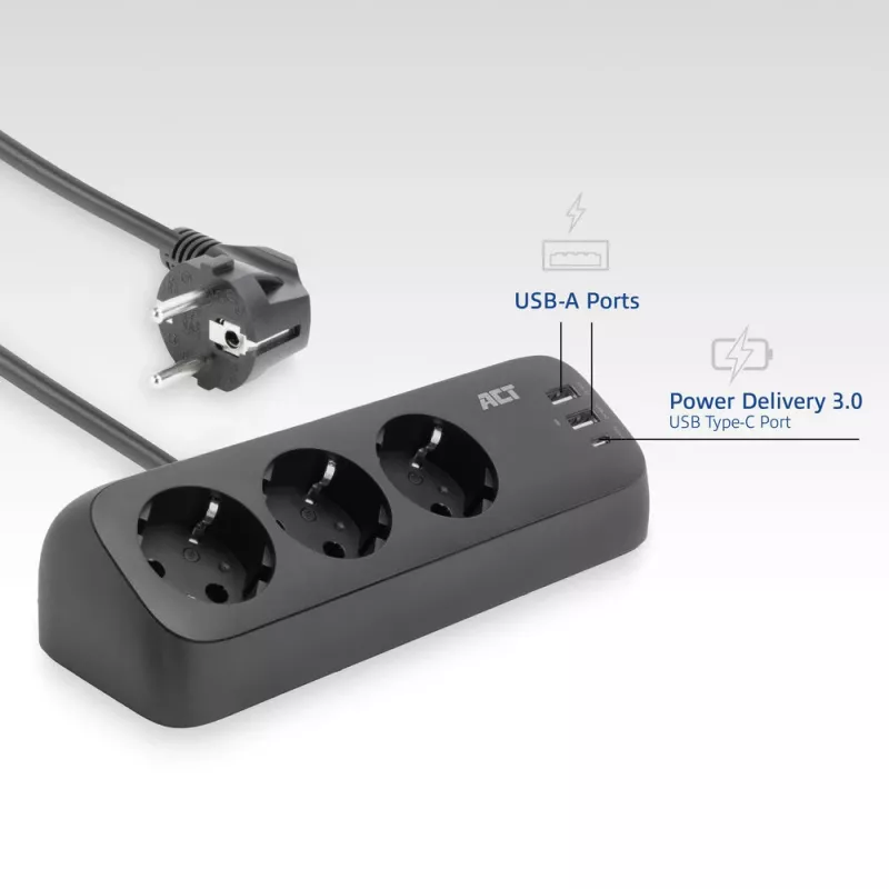 ACT Schreibtisch-Steckerleiste mit 3 Typ-F-Steckdosen, 30W Power Delivery, USB Type-C/A Anschlüsse, Kabellänge 1,5 Meter