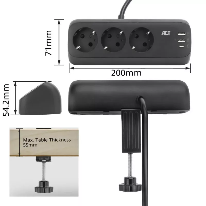 ACT Schreibtisch-Steckerleiste mit 3 Typ-F-Steckdosen, 30W Power Delivery, USB Type-C/A Anschlüsse, Kabellänge 1,5 Meter