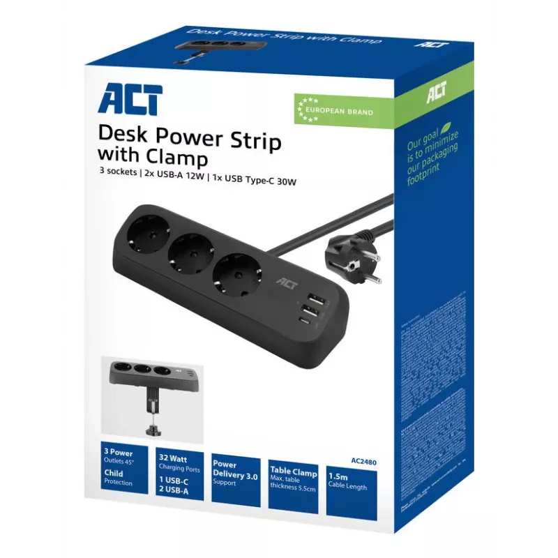 ACT Schreibtisch-Steckerleiste mit 3 Typ-F-Steckdosen, 30W Power Delivery, USB Type-C/A Anschlüsse, Kabellänge 1,5 Meter