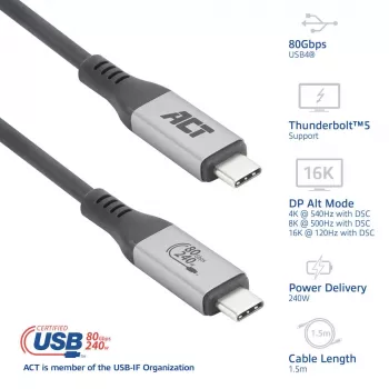 ACT USB4 80Gbps Thunderbolt 5 Kabel 240W USB Type-C, USB-IF zertifiziert, 1,5 Meter