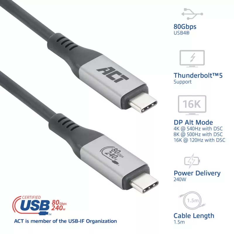 ACT USB4 80Gbps Thunderbolt 5 Kabel 240W USB Type-C, USB-IF zertifiziert, 1,5 Meter
