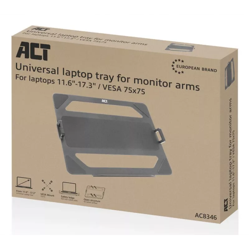 ACT Universelle Laptop-Ablage für Monitorarme, Schwarz, Stahl, 29,5 cm (11,6 Zoll), 43,9 cm (17,3 Zoll), 9 kg, 75 x 75 mm