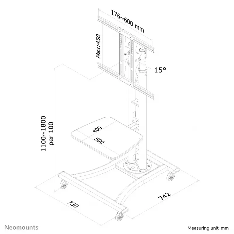 Neomounts PLASMA-M1800E TV-Wagen 27-70 Zoll, Silber, Tragbarer Bodenständer, Stahl, 50 kg, 68,6 cm (27 Zoll), 177,8 cm (70 Zoll)