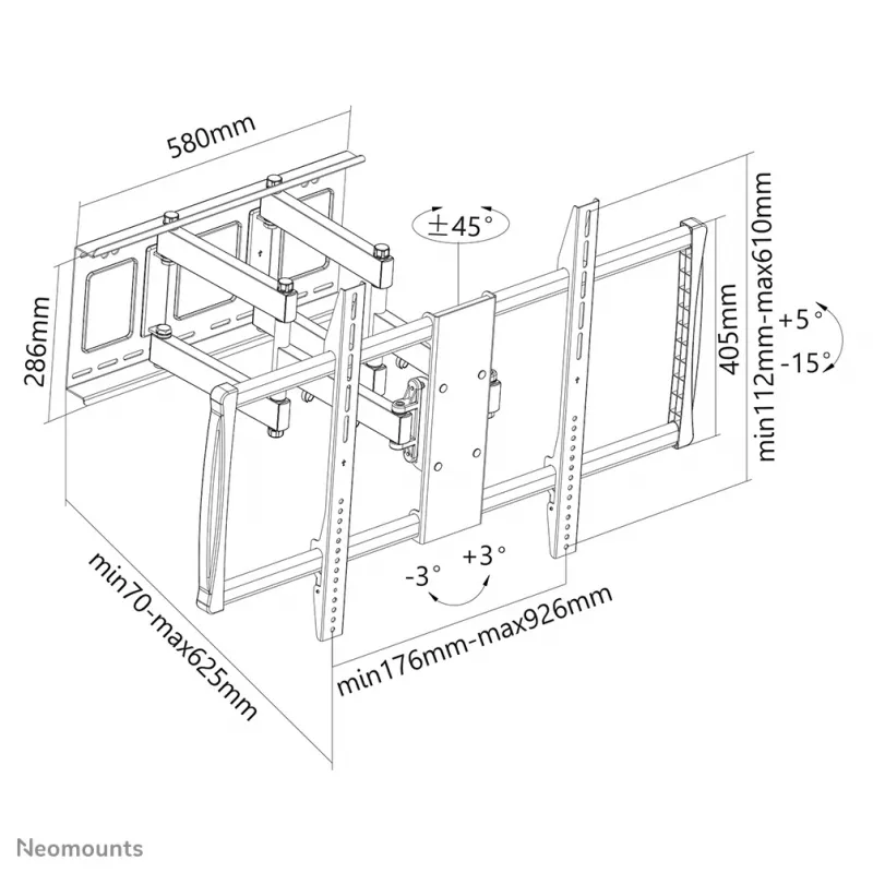 Neomounts TV-Wandhalterung LFD-W8000 — Einzelbildschirm, 60 Zoll–100 Zoll (152,4–254 cm), 80 kg, VESA 200x200–900x600, Neigung 0–20°, 7–62,5 cm, schwarz