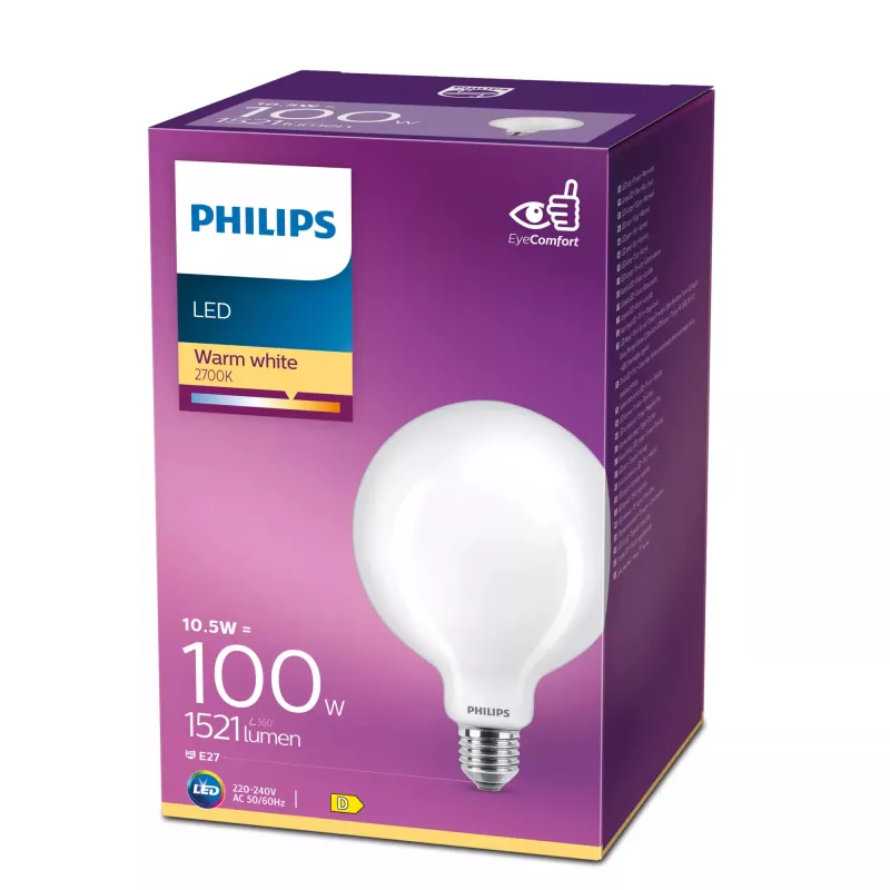 Philips Filament Birne Matt 100W G120 E27, 10.5 W, 100 W, E27, 1521 lm, 15000 h, Warmweiß