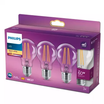 Philips Filament Bulb Clear 60W A60 E27 x3, 7 W, 60 W, E27, 806 lm, 15000 h, Warmweiß
