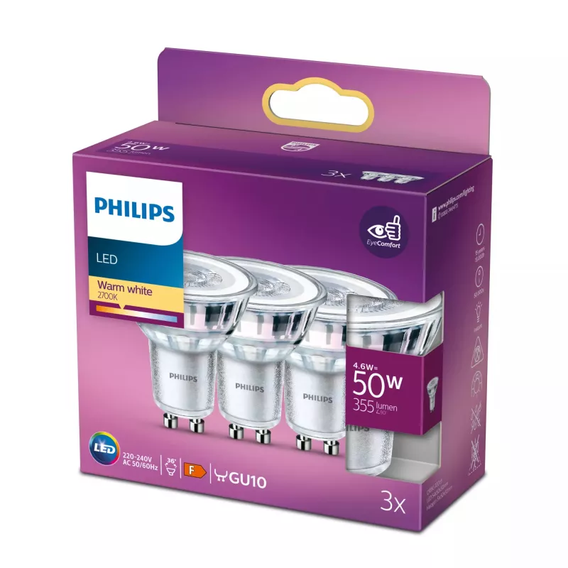 Philips LED Spot PAR16 GU10 4,6 W 355 lm 2700 K Warmweiß 3er-Pack