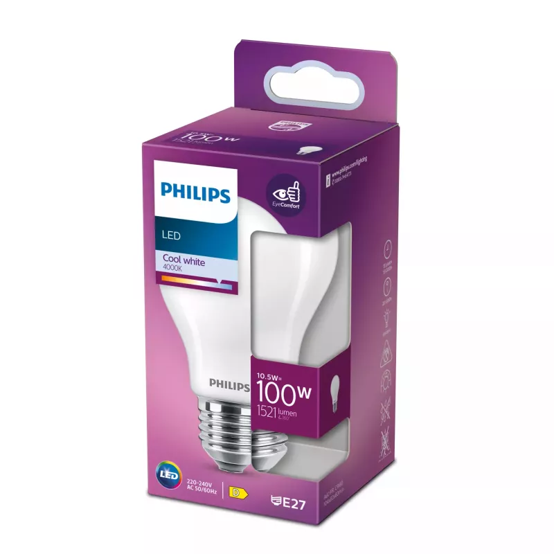 Philips Filament Birne Matt 100W A60 E27, 10,5 W, 100 W, E27, 1521 lm, 15000 h, Neutralweiß