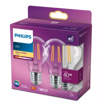 Philips Filament Bulb Clear 40W A60 E27 2er-Set, 4,3 W, 40 W, E27, 470 lm, 15000 h, Warmweiß