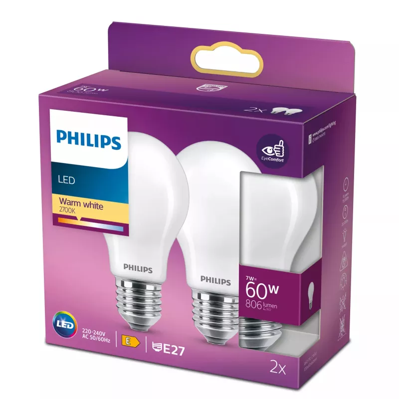 LED-Filament-Leuchtmittel Philips A60 E27 7W (entspr. 60W), 2700K, 806 lm, matt – 2er-Pack