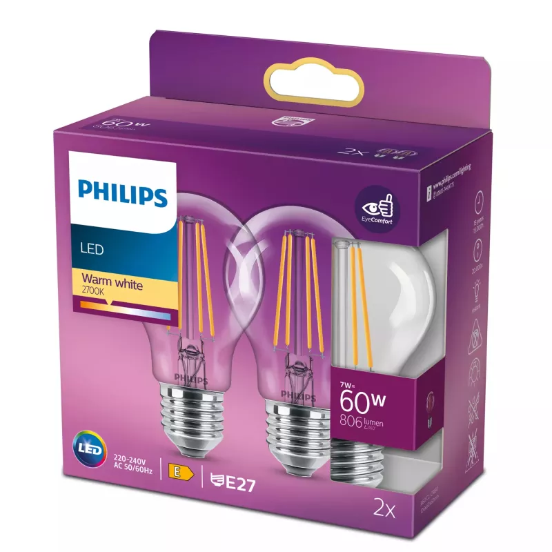 LED-Filamentlampe Philips A60 7W (entspr. 60W) E27 klar 2700K 2er-Pack