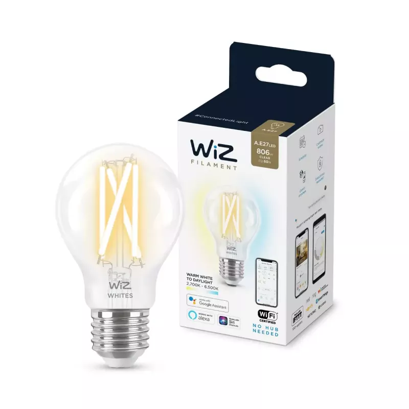 Smart LED Filamentlampe WiZ A60 E27 7W (806 lm) klar, 220–240V