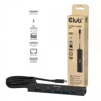 USB-C auf HDMI Hub CLUB3D 7-1 — kabelgebunden, Gigabit Ethernet, schwarz, 136×34×94,5 mm
