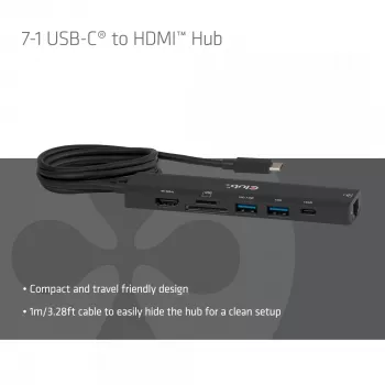 USB-C auf HDMI Hub CLUB3D 7-1 — kabelgebunden, Gigabit Ethernet, schwarz, 136×34×94,5 mm