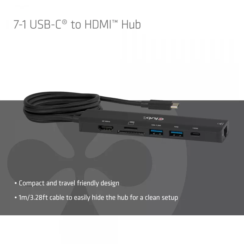 USB-C auf HDMI Hub CLUB3D 7-1 — kabelgebunden, Gigabit Ethernet, schwarz, 136×34×94,5 mm