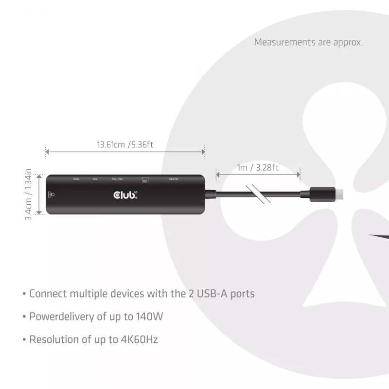 USB-C auf HDMI Hub CLUB3D 7-1 — kabelgebunden, Gigabit Ethernet, schwarz, 136×34×94,5 mm