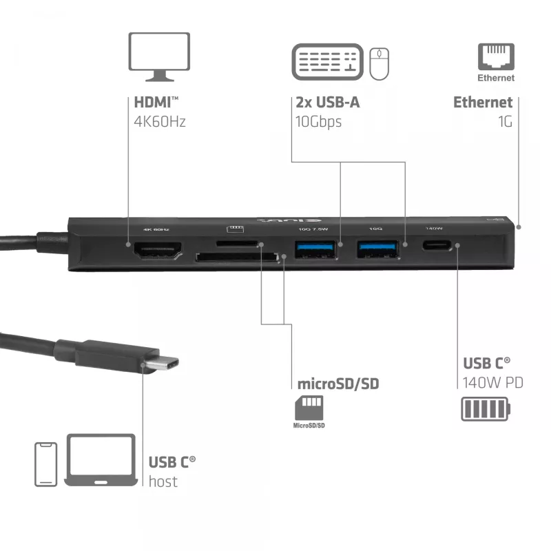 USB-C auf HDMI Hub CLUB3D 7-1 — kabelgebunden, Gigabit Ethernet, schwarz, 136×34×94,5 mm