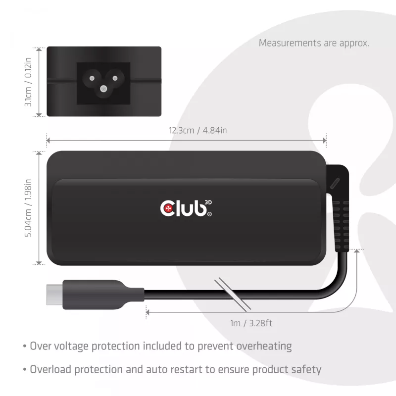 USB-C Laptop-Ladegerät CLUB 3D 140W, Netzstrom, universelle Kompatibilität, 1 m Kabel, schwarz