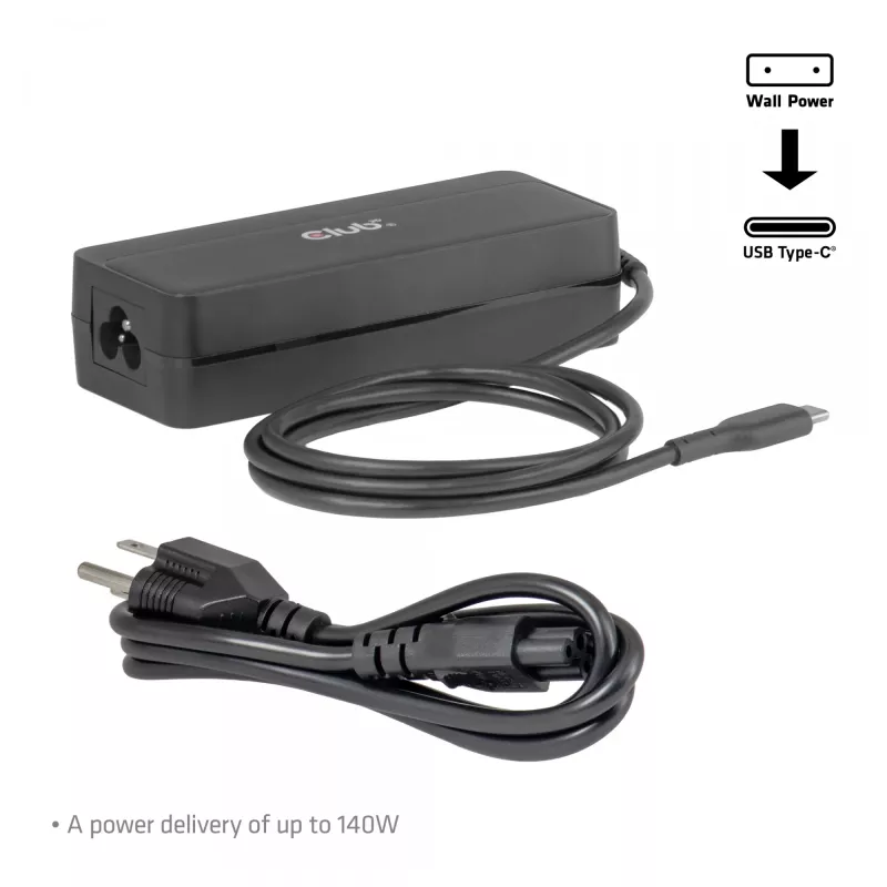 USB-C Laptop-Ladegerät CLUB 3D 140W, Netzstrom, universelle Kompatibilität, 1 m Kabel, schwarz