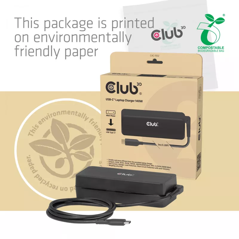 USB-C Laptop-Ladegerät CLUB 3D 140W, Netzstrom, universelle Kompatibilität, 1 m Kabel, schwarz