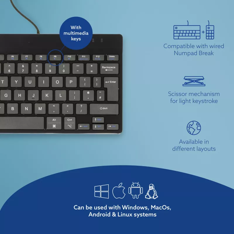R-Go Tools Ergonomische Tastatur R-Go Compact Break, kompakte Tastatur mit Pausensoftware, QWERTY (UK), kabelgebunden, schwarz