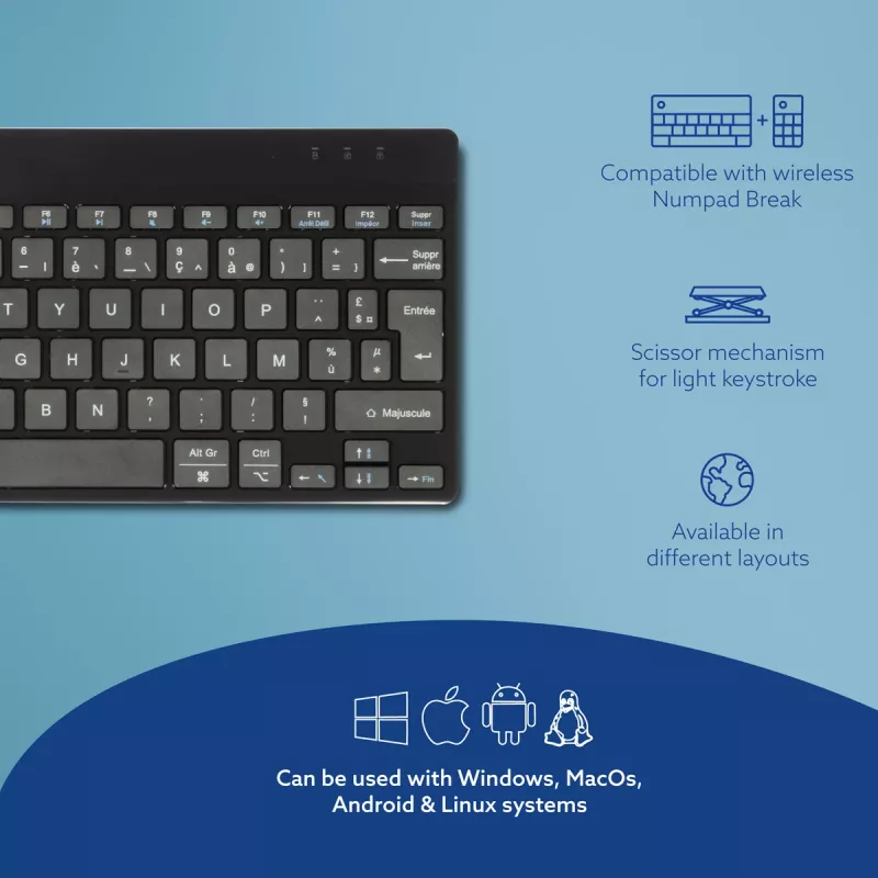 Ergonomische Tastatur R-Go Tools R-Go Compact Break, kompakte Tastatur mit Pausensoftware, AZERTY (FR), Bluetooth, schwarz