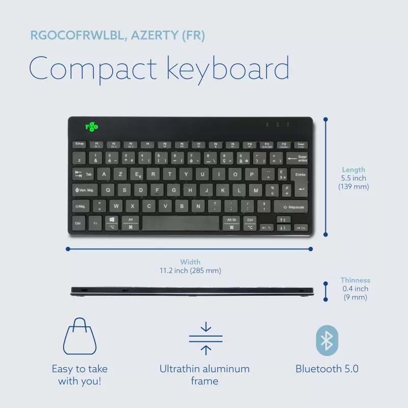 Ergonomische Tastatur R-Go Tools R-Go Compact Break, kompakte Tastatur mit Pausensoftware, AZERTY (FR), Bluetooth, schwarz