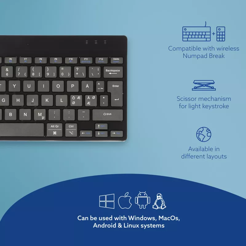 R-Go Tools Ergonomische Tastatur R-Go Compact Break, kompakte Tastatur mit Break-Software, QWERTY (NORDIC), Bluetooth, schwarz