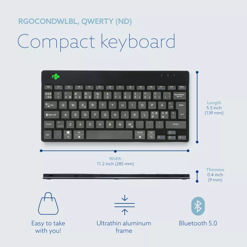 R-Go Tools Ergonomische Tastatur R-Go Compact Break, kompakte Tastatur mit Break-Software, QWERTY (NORDIC), Bluetooth, schwarz