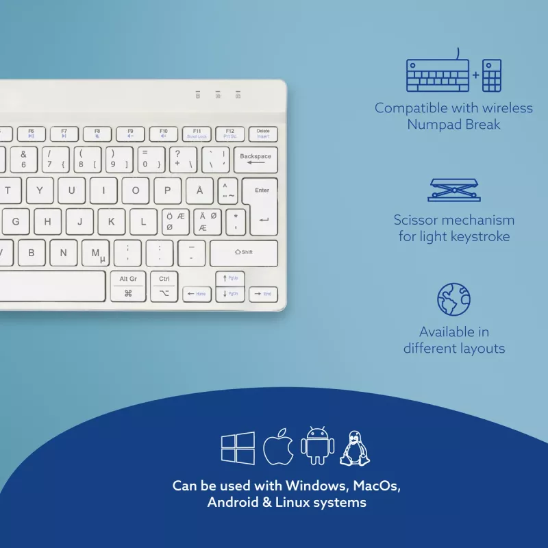 R-Go Tools Ergonomische Tastatur R-Go Compact Break, kompakte Tastatur mit Pausensoftware, QWERTY (NORDIC), Bluetooth, weiß