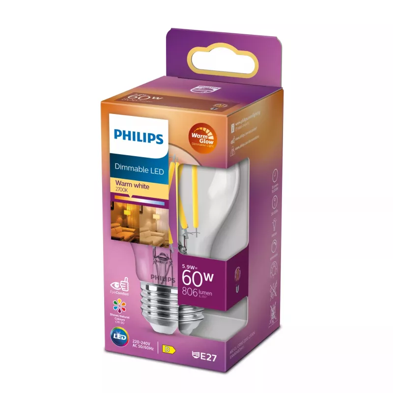 Philips Filament Bulb Clear 60W A60 E27, 5,9 W, 60 W, E27, 806 lm, 15000 h, Warmes Leuchten