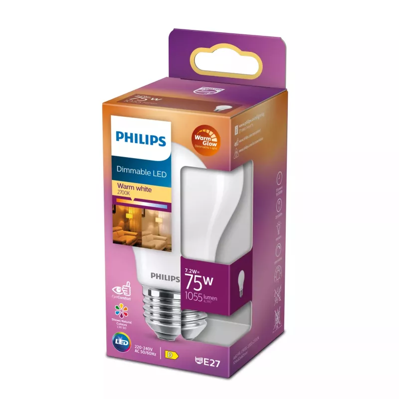 Philips Filament-Leuchtmittel matt 75 W A60 E27, 7,2 W, 75 W, E27, 1055 lm, 15000 h, Warm glow