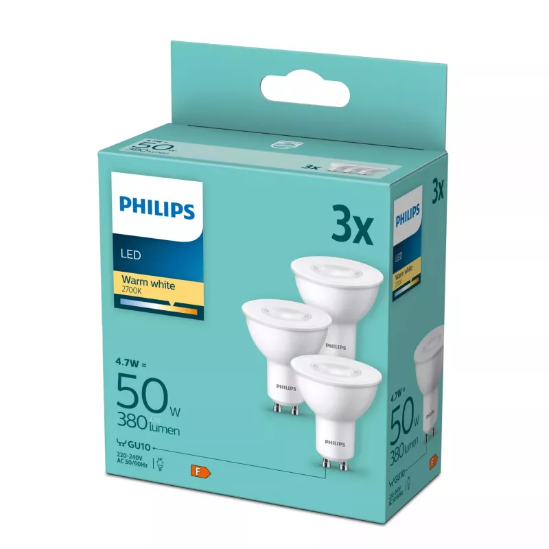 Philips Spot 50W PAR16 GU10 x3 4,7W Warmweiß 380lm 15000h