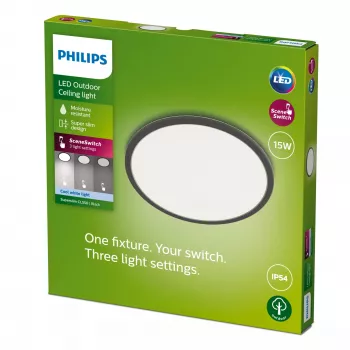Deckenleuchte Philips Superslim 15W LED, 4000K, IP54, 250×250 mm, Schwarz/Weiß