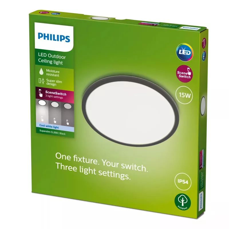 Deckenleuchte Philips Superslim 15W LED, 4000K, IP54, 250×250 mm, Schwarz/Weiß