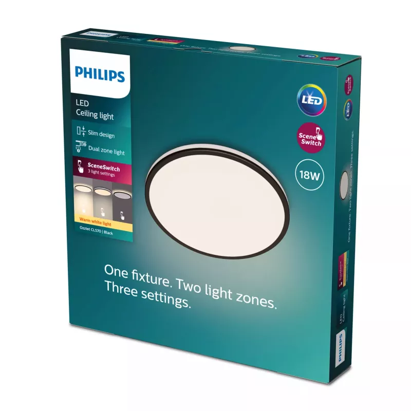 Deckenleuchte Philips Functional Ozziet 18 W LED, rund, schwarz, fest verbaute Leuchtmittel, 220–240 V