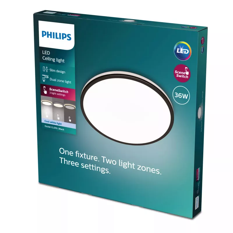 Philips Functional Ozziet Deckenleuchte 36 W, LED, nicht austauschbare Leuchtmittel, 4000 K, 4100 lm, IP20, Schwarz