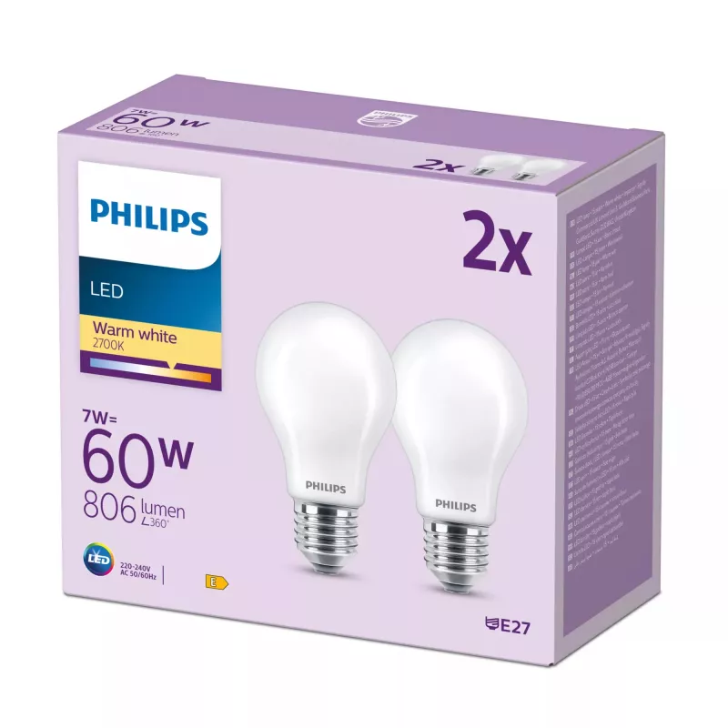 Philips Filament Birne matt 60W A60 E27 2er-Pack, 7 W, 60 W, E27, 806 lm, 15000 h, Warmweiß