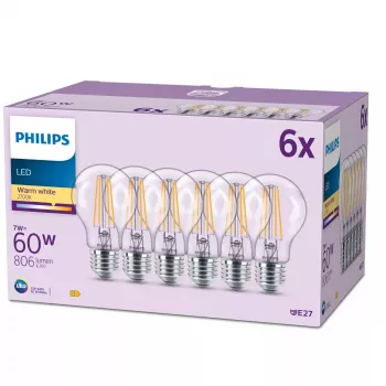 Philips Filament Bulb Frosted 60W A60 E27 x6, 7 W, 60 W, E27, 806 lm, 15000 h, Warmweiß