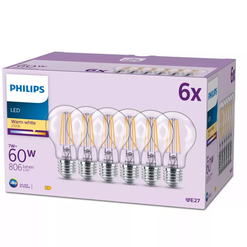 Philips Filament Bulb Frosted 60W A60 E27 x6, 7 W, 60 W, E27, 806 lm, 15000 h, Warmweiß