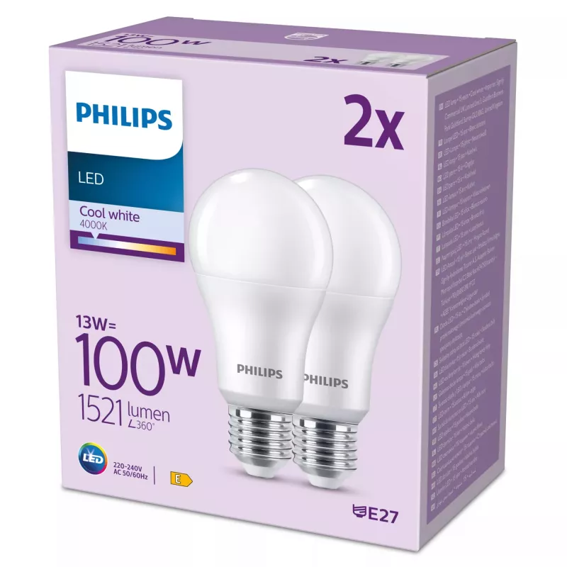 Philips Birne 100W A67 E27 x2, 13 W, 100 W, E27, 1521 lm, 15000 h, Kaltweiß