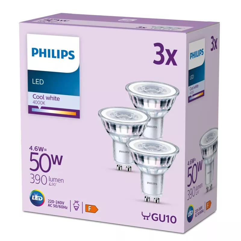 Philips Spot 50W PAR16 GU10 x3, 4,6 W, 50 W, GU10, 390 lm, 15000 h, Kaltweiß