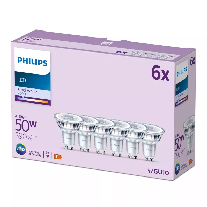 Philips Spot 50W PAR16 GU10 x6, 4,6 W, 50 W, GU10, 390 lm, 15000 h, Kaltweiß