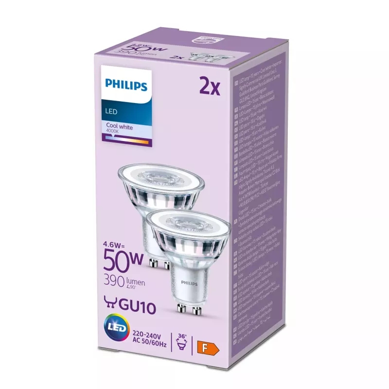 Philips Spot 50W PAR16 GU10 2 Stück, 4.6 W, 50 W, GU10, 390 lm, 15000 h, Kaltweiß
